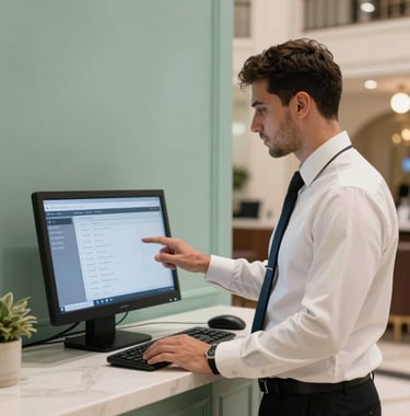 A professional hotel manager checking a digital reservation system in a lobby with soft sage green walls, in a Middle Eastern / Turkish city environment, high-quality photography.