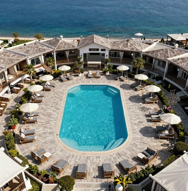 An aerial shot of a beautifully organized Mediterranean resort in a Middle Eastern / Turkish destination, showing blue water and muted teal poolside furniture, clean composition.