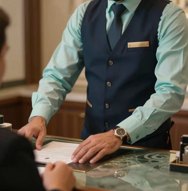 A close-up photograph of a professional concierge desk in a Middle Eastern / Turkish hotel, featuring a person in a sharp uniform assisting guests. Warm lighting with muted sea green and dark slate blue colors.