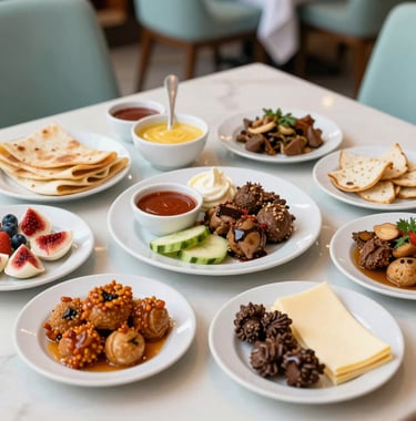 A vibrant photograph of a traditional Middle Eastern / Turkish breakfast spread in a high-end restaurant, emphasizing hospitality and freshness. Colors include soft sage aqua and crisp off-white.