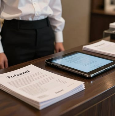 A detail shot of a professional hotel concierge desk with brochures and a guest tablet, representing efficient and modern tourism services.