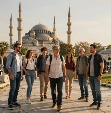 A group of happy travelers enjoying a guided tour through a beautiful historic site in a Middle Eastern / Turkish region, golden hour lighting, professional photography.