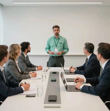 A group of professional tour guides having a meeting in a bright, modern Middle Eastern / Turkish conference room, highlighting teamwork and efficiency. Muted sea green and crisp off-white tones.