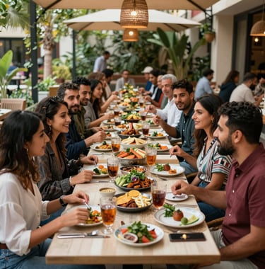 A group of happy guests enjoying a traditional lunch in a modern Middle Eastern / Turkish garden restaurant, vibrant and social atmosphere.
