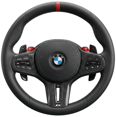 BMW M Performance carbon fiber steering wheel with red center stripe and M buttons.