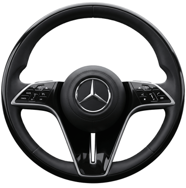 Black leather Mercedes-Benz steering wheel with silver accents and multifunction controls on a black background.