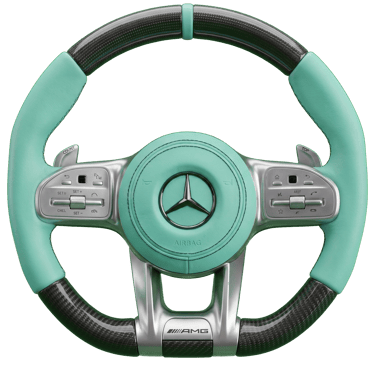 Custom Mercedes-AMG steering wheel with Tiffany blue leather and carbon fiber accents.