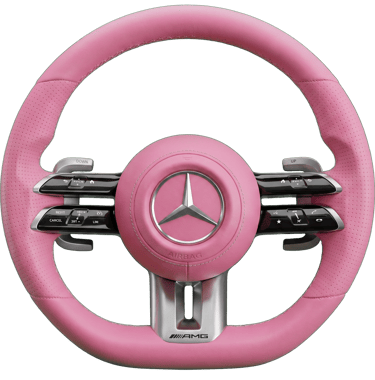 Custom pink leather Mercedes-AMG steering wheel with silver trim and logo on a black background.
