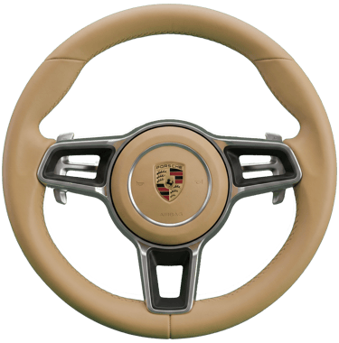Beige leather Porsche steering wheel with silver trim and the official crest on a black background.