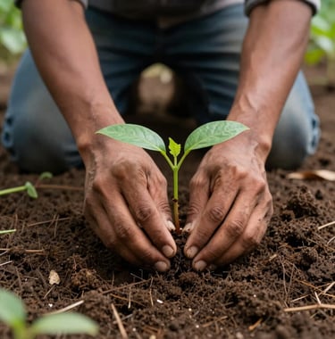 A close-up photograph of a South Asian person's hands planting a young sapling into rich, fertile soil in an agroforest. The composition focuses on the act of regenerative farming with soft morning light and natural textures.