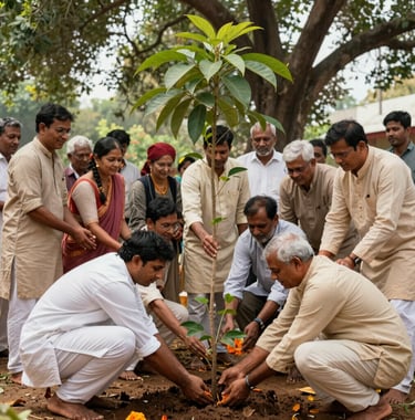 A photograph of a group of South Asian / Indian community members participating in a sacred tree-planting ceremony. The mood is joyful and reverent, with people dressed in light, earthy-toned traditional cotton clothing under the shade of mature trees.