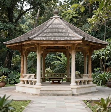 A wide shot of a serene outdoor meditation pavilion made of natural wood and stone in a South Asian forest setting. The style is elegant and inviting, utilizing a palette of soft forest greens and off-white.