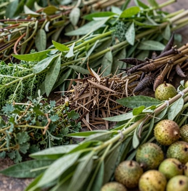 A high-quality close-up of fresh, organic Ayurvedic herbs and fruits grown in the Kanhai Van collective. The colors are rich medium greens and earthy browns, captured in soft, natural daylight.