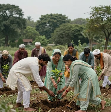 A group of people in traditional South Asian attire participating in a community tree-planting ritual. The scene is filled with joy and purpose, set in a landscape of dark green and light sage, with a focus on the shared action of regenerative care.