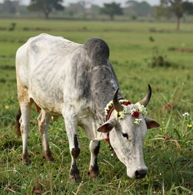 Photography of a majestic Indian cow decorated with a simple flower garland, grazing in a vibrant green pasture at a South Asian collective. The lighting is soft and natural, emphasizing peaceful coexistence.