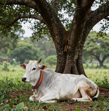 A serene South Asian landscape photograph of a healthy Gir calf resting under a large, ancient Banyan tree. The calf has traditional bells and a decorative cloth, symbolizing the sacred bond of Mother Cow Seva in a forest of light sage and deep green hues.