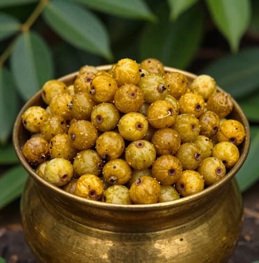 A detailed shot of a brass vessel filled with fresh, golden organic harvest including amla and turmeric, set against a dark green foliage background. The lighting is natural and earthy, highlighting the regenerative bounty of the South Asian landscape.