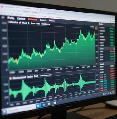 Detailed shot of professional trading software on a high-resolution display, showing institutional volume profiles in emerald green.