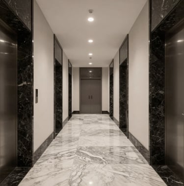 A refined, minimalist hallway of a global private bank with marble floors and obsidian accents, professional Western financial markets lighting.