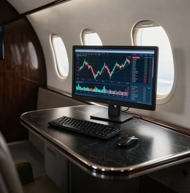 A premium lifestyle shot of a professional trading setup on a private jet cabin table. Natural window light, high-end materials, obsidian black and metallic accents. Global / Western financial markets.