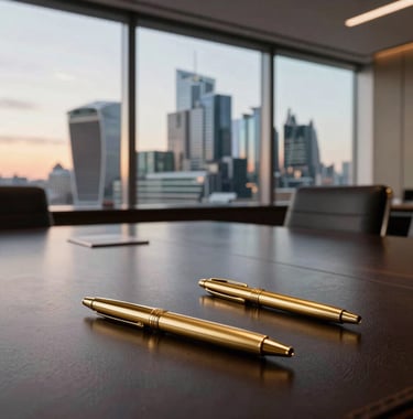 Photography of a luxury boardroom in a London high-rise, metallic gold pens on a dark leather desk, panoramic views of the financial district, sunset lighting.