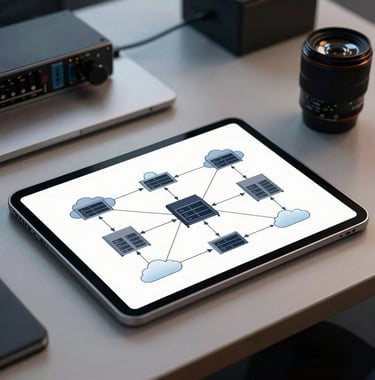 A photograph of a tablet displaying a technical networking diagram with lines connecting servers and clouds, placed on a modern French desk with a professional background.