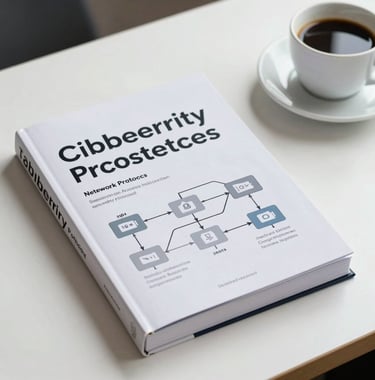 A detailed shot of a technical book about cybersecurity and network protocols resting next to a cup of coffee on a clean white desk, professional lighting.