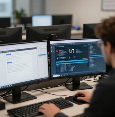 A photograph showing a workspace with multiple computer screens displaying network monitoring tools and real-time security alerts, professional atmosphere in France.