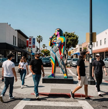 A vibrant daytime street scene showing a public art installation on a West Hollywood street corner. People are walking by in stylish, casual attire. Bright sunlight, clear blue sky, North American / West Hollywood.