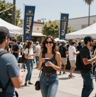 A medium shot of a local West Hollywood community event in an open-air plaza. Sophisticated branding banners in navy and gold are visible in the background. Energetic and inclusive mood, bright daylight, North American / West Hollywood.
