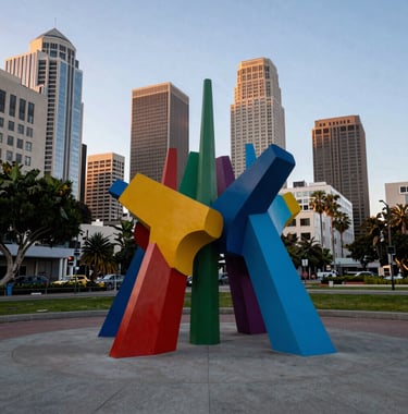 Detailed shot of a public art installation in a West Hollywood park, featuring vibrant colors and contemporary sculpture style, with architectural silhouettes of the city in the background, North American West Hollywood setting.