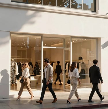 Clean, bright photography of a modern boutique storefront in West Hollywood with a diverse group of people walking by, reflecting high-end inclusive commerce and North American urban design, lit by warm California afternoon sun.