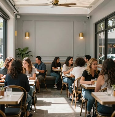 A vibrant outdoor cafe scene in West Hollywood at mid-day, showing inclusive community engagement with people in a North American setting surrounded by light gray and gold decor.