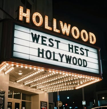 A night shot of a West Hollywood theater marquee with bright lights, representing the city's entertainment and culture scene in a sophisticated North American context.