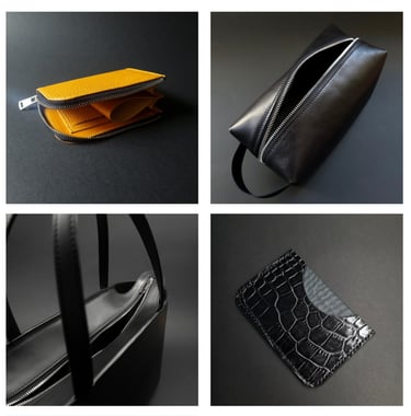A yellow l-shape wallet, black dopp kit bag, tote bage and a croco print leather card holder