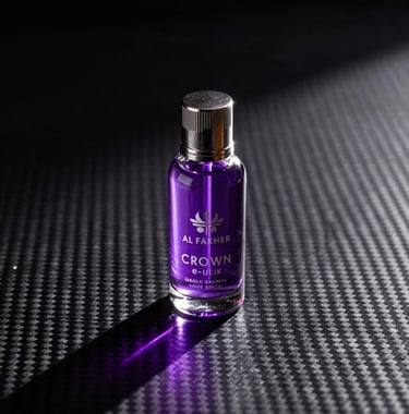 An elegant glass bottle of Al Fakher crown e-liquid glowing with internal purple light, casting long shadows on a dark carbon fiber surface, dramatic luxury lighting.