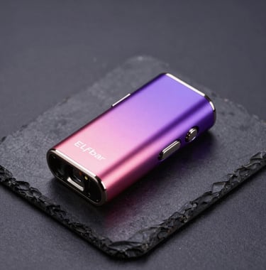 A colorful Elfbar BC5000 device showing metallic body work with purple-to-pink gradient, glowing with a soft neon aura on an obsidian base plate, premium presentation.