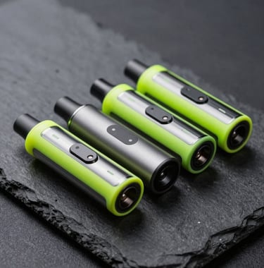 A sleek set of high-performance replacement vape pods with vibrant neon green rings, resting on a dark slate background, sharp focus, cyberpunk studio product lighting.