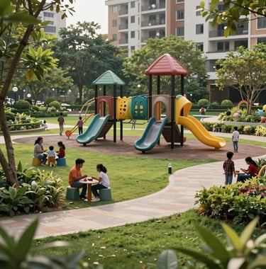 A beautifully landscaped park within a residential township in India, featuring modern playground equipment and South Asian families enjoying the lush green, pollution-free space.
