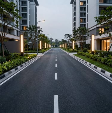 A clean, 10-meter wide internal asphalt road within a premium residential project in Sonipat, bordered by manicured green verges and modern street lighting.