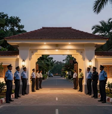 Evening photography of a secure, gated community entrance in South Asian / Indian style, featuring elegant lighting and professional security personnel, embodying peace of mind and luxury.