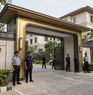 A high-security modern gatehouse at the entrance of a luxury residential township in India, featuring professional security personnel and gold-accented architectural details.