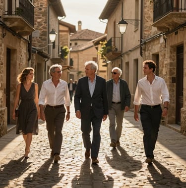 A group of elegant travelers walking through a narrow cobblestone street in a hidden village, Iberian region, long afternoon shadows and warm gold light.