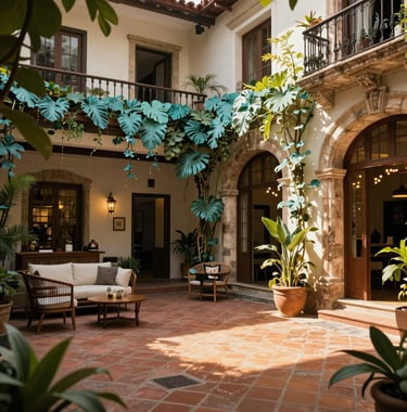 A cinematic shot of a boutique hotel courtyard in a colonial Latin American city. Warm golden light spills over terracotta tiles and sage teal climbing plants. A scene of sophisticated adventure and tranquility.