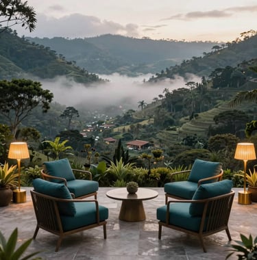 A high-end travel scene of an exclusive boutique hotel terrace overlooking a lush valley in Latin American, featuring deep teal lounge chairs and gold lighting fixtures, morning mist.