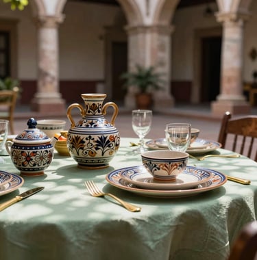 Close up of a luxury table setting in a hidden courtyard in a Latin American colonial city, featuring artisanal ceramics, gold cutlery, and sage green linens, dappled sunlight.