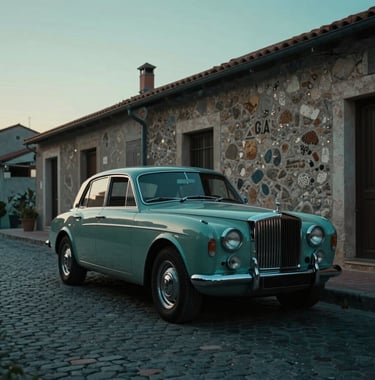 An evocative shot of a vintage luxury car parked on a quiet, cobblestone street of a Mediterranean village at dawn, deep teal and sage green tones in the shadows.