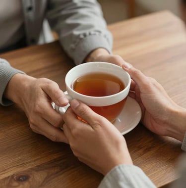 A close-up of a person's hands holding a warm cup of tea, resting on a wooden table during a therapy session, soft lighting, warm and safe atmosphere, Hispanic setting.