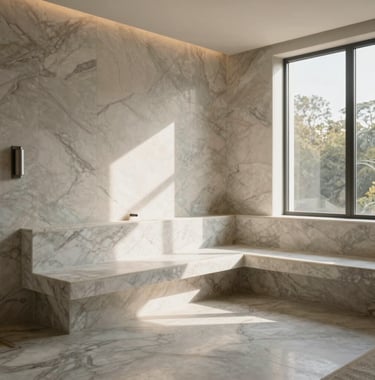 A serene photograph of a large-format marble steam room with an integrated stone bench, soft morning light filtering through high windows, capturing a premium North American spa atmosphere.