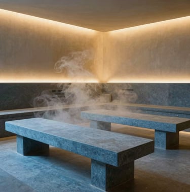 A medium shot of a modern steam room interior in a luxury North American spa facility. Minimalist benches made of muted blue stone, soft vapor filling the air, and indirect warm gold lighting highlighting the clean architectural lines and tranquil atmosphere.